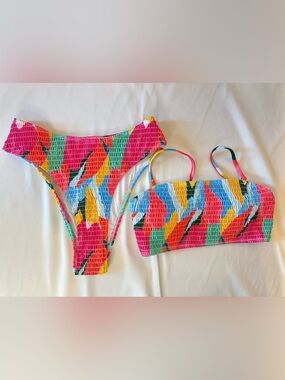 Colorburst Smocked Bandeau Bikini Set - Pink Multicolor